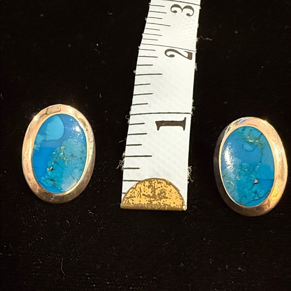 Vintage 925 Mexican Sterling Silver Lapis Oval Stone Earrings - Picture 5 of 6